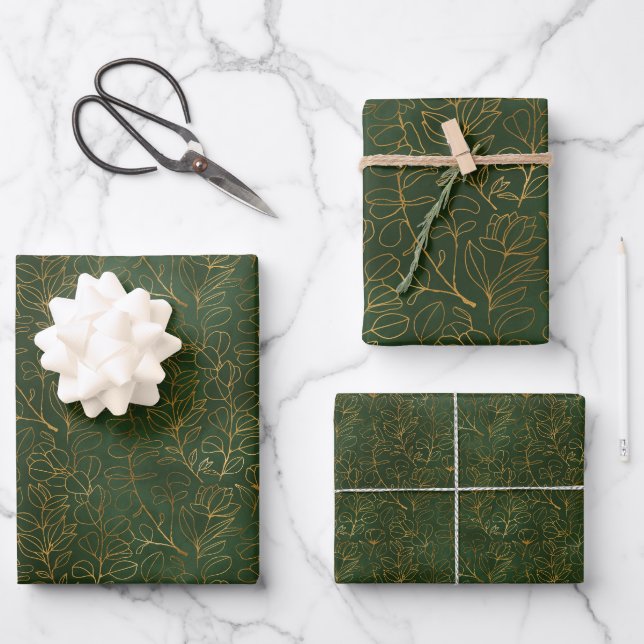 Feuille De Papier Cadeau Eucalyptus vert et or (Recto)