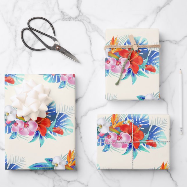 Feuille De Papier Cadeau Exotic Tropical Flowers - Pink & Aquamarines (Recto)