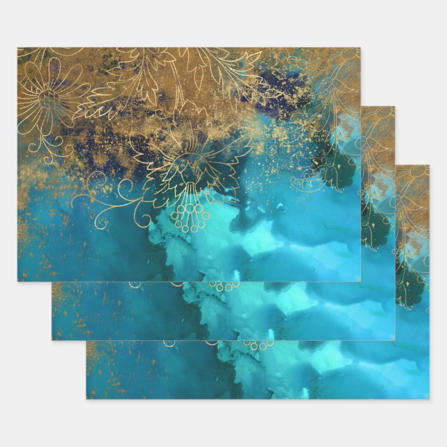 Feuille De Papier Cadeau Extraits floraux d'or sur Vert Turquoise (Lot)