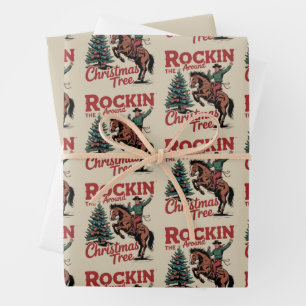 Feuille De Papier Cadeau Faire du Rock Autour du Sapin de Noël Cowboy de Co