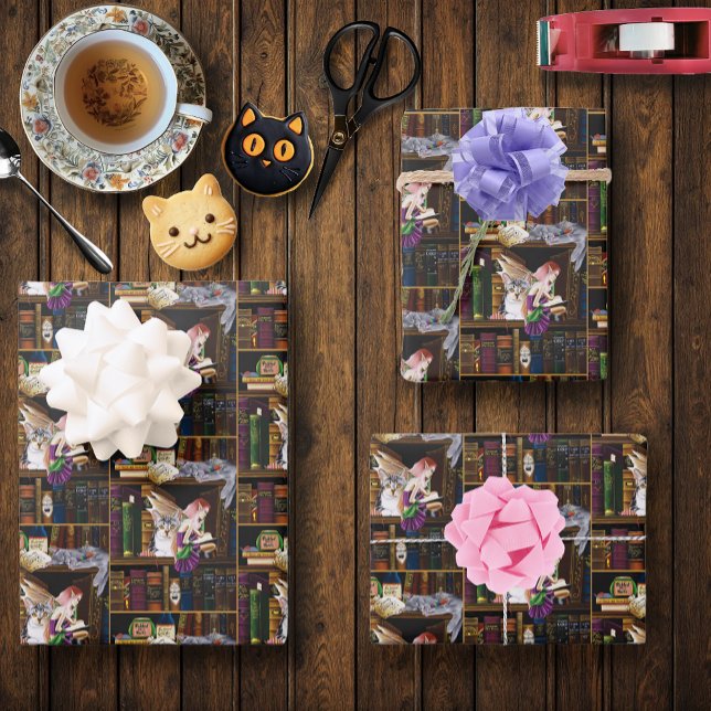 Feuille De Papier Cadeau Fairy Cats Livres Bibliothèque Imaginaire (Créateur téléchargé)