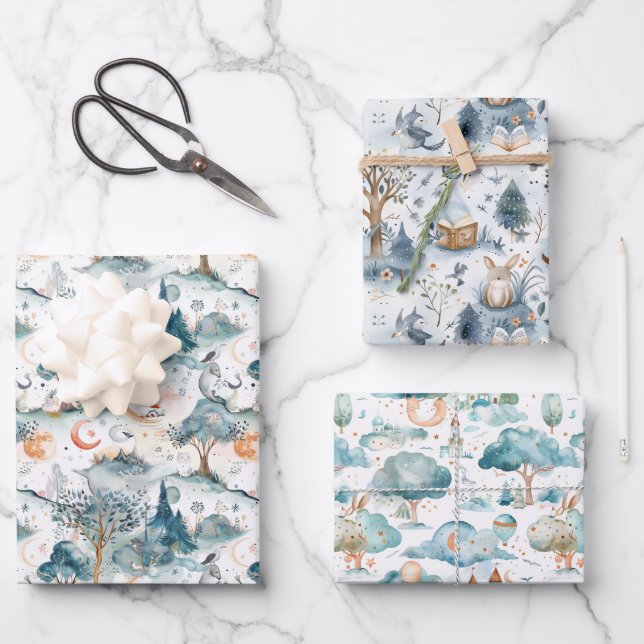 Feuille De Papier Cadeau Fairy Woodland Animals Blue (Recto)