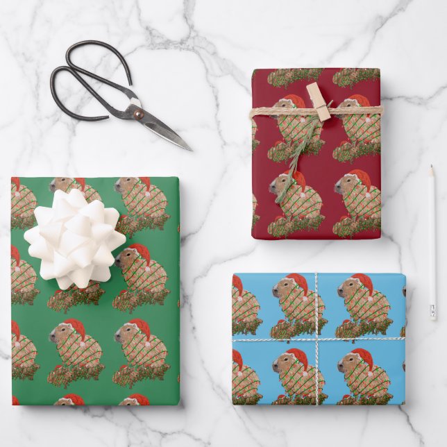 Feuille De Papier Cadeau Famille Capybara de Noël enrobée de lumières (Recto)