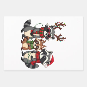 Feuille De Papier Cadeau Famille Correspondance de Noël Raccoons Santa Hat