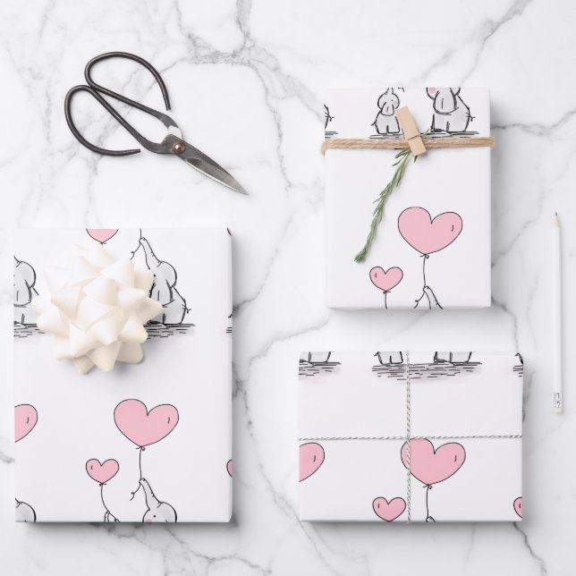 Feuille De Papier Cadeau Famille Eléphante Avec Ballons Coeur Rose (Recto)