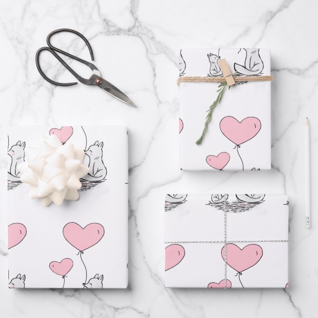 Feuille De Papier Cadeau Famille Fox Avec Ballons Coeur Rose (Recto)