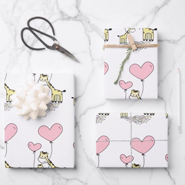 Feuille De Papier Cadeau Famille Giraffe Avec Ballons Coeur Rose (Recto)
