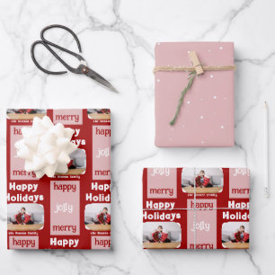 Feuille De Papier Cadeau Famille rose rouge moderne photo Noël heureux