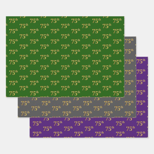 Feuille De Papier Cadeau Fancy Green, Grey, Purple, Faux Gold 75th Event # (Lot)
