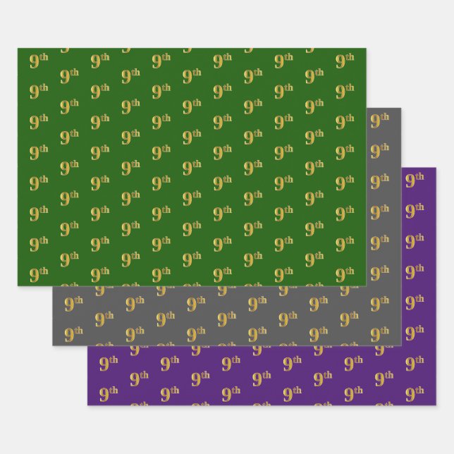 Feuille De Papier Cadeau Fancy Green, Grey, Purple, Faux Gold 9th Event # (Lot)