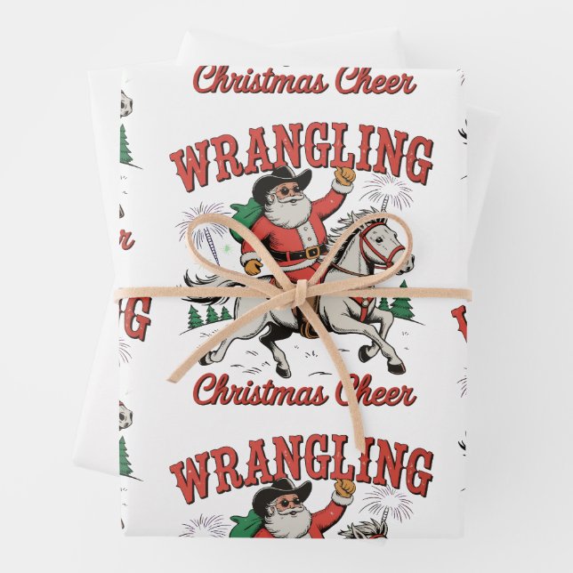 Feuille De Papier Cadeau Fantaisie Noël Cheer Cowboy Père Noël Pays (En situation)