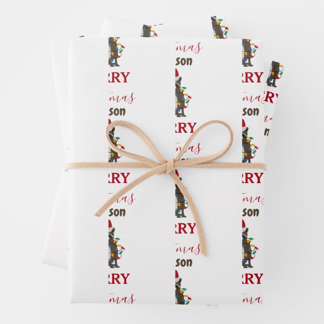 Feuille De Papier Cadeau Fantaisie Noël Raccoon Santa Hat Noël Lumières (En situation)