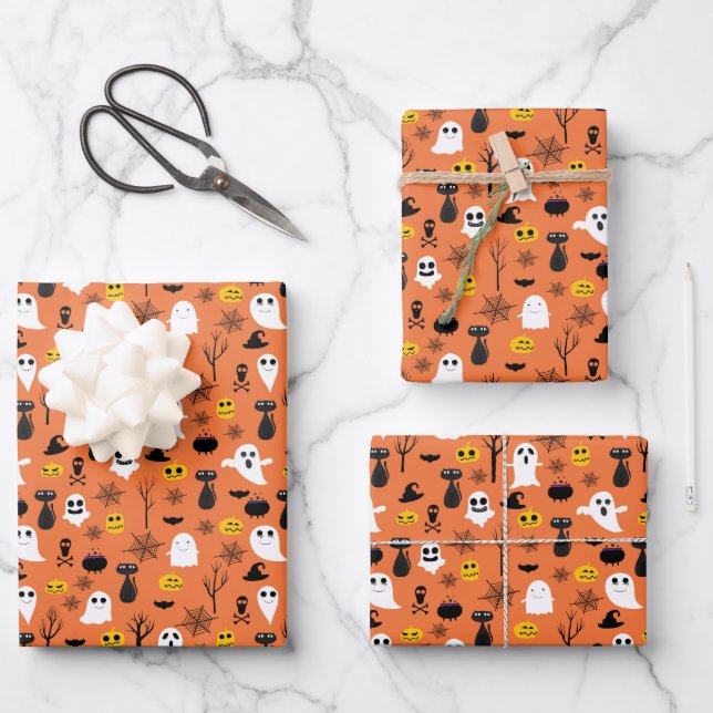 Feuille De Papier Cadeau Fantômes d'Halloween Chats Noirs Toiles d'Araignée (Recto)
