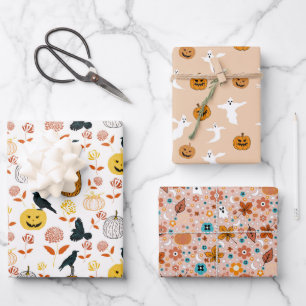 Feuille De Papier Cadeau Fantômes d'Halloween, Citrouilles, Ravens et autom