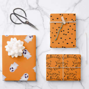 Feuille De Papier Cadeau Fantômes d'Halloween orange et noir