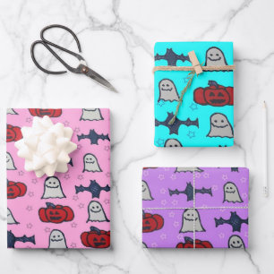 Feuille De Papier Cadeau Fantômes d'Halloween rose, chauves-souris et Jack 