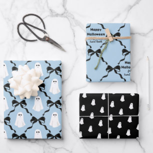 Feuille De Papier Cadeau Fantômes mignons et coquette vaches Halloween bleu