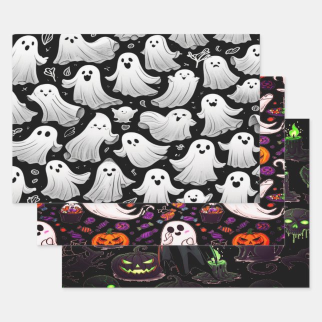 Feuille De Papier Cadeau Fantômes Partout Éffrayant Plaisir Scène Halloween (Lot)