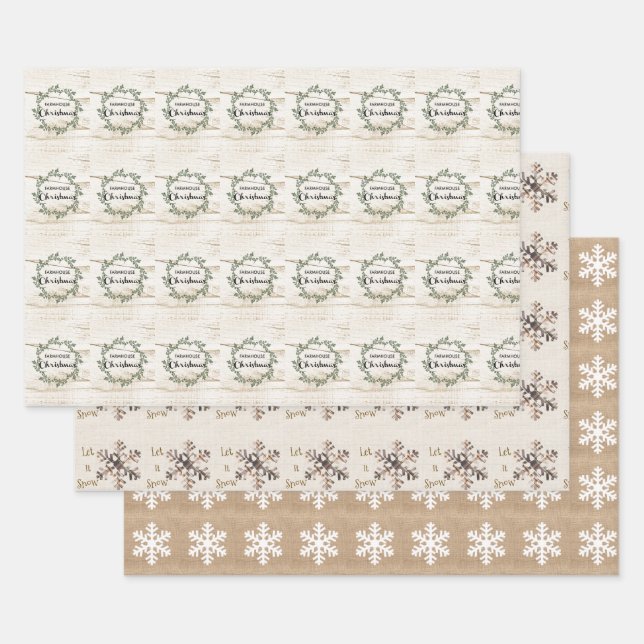 Feuille De Papier Cadeau Farmhouse moderne Noël Rustique Burlap et Bois (Lot)