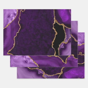 Feuille De Papier Cadeau Faux agate doré et violet