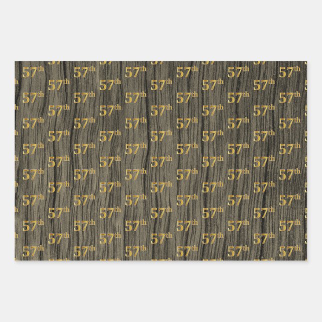 Feuille De Papier Cadeau Faux Bois Rustique, Elégant Faux Gold "57e" (Devant)