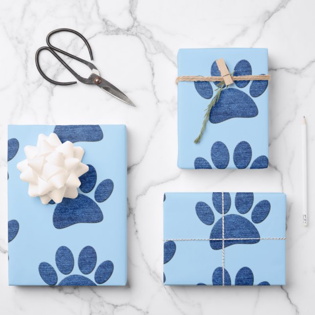 Feuille De Papier Cadeau Faux Denim Jeans Chien Paw Texture imprimée (Recto)