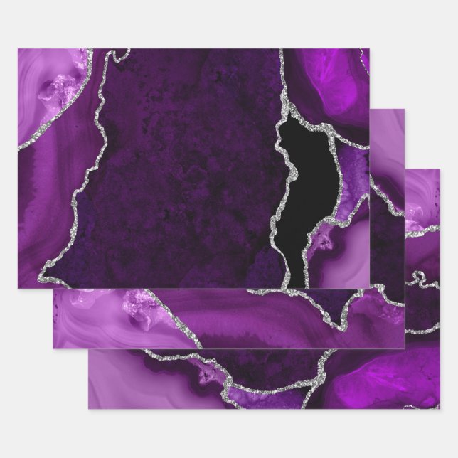 Feuille De Papier Cadeau Faux pailleté Agate Violet et Argent (Lot)