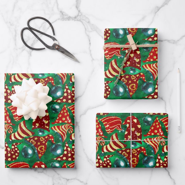Feuille De Papier Cadeau Faux-parties scintillant rouge vert luxe gnomes ca (Recto)