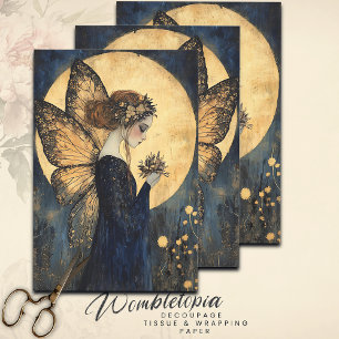 Feuille De Papier Cadeau Fée de nuit magique avec fleurs sous lune d'or