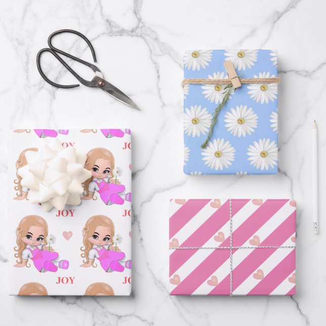 Feuille De Papier Cadeau Fée mignonne, Coeur rose et Fleurs marguerites (Recto)