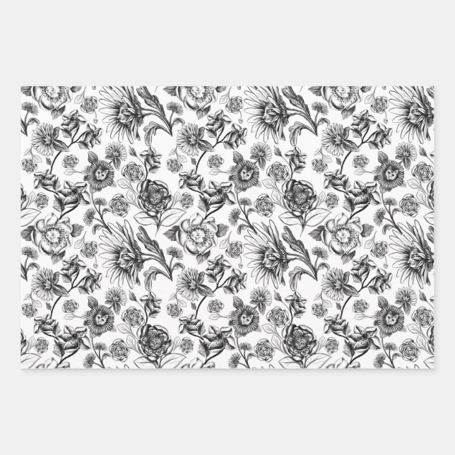 Feuille De Papier Cadeau Felines florales (b&w) (Devant)