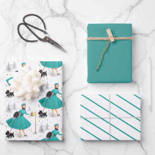 Feuille De Papier Cadeau Femme de Noël rétro vintage avec Scotty Dog