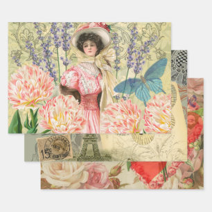 Feuille De Papier Cadeau Femme victorienne florale rose Régence
