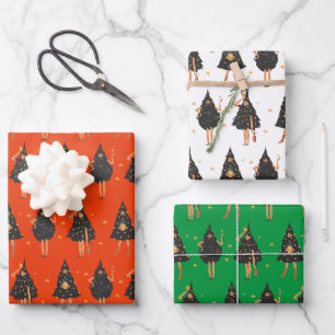 Feuille De Papier Cadeau Femmes habillées en sapin noir de Noël