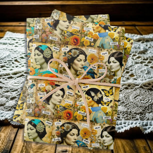 Feuille De Papier Cadeau Femmes Vintage Magnifiques, Fleurs et Papillons