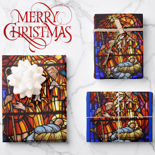 Feuille De Papier Cadeau Fenêtre en verre tendu Nativité Bébé Jésus Noël