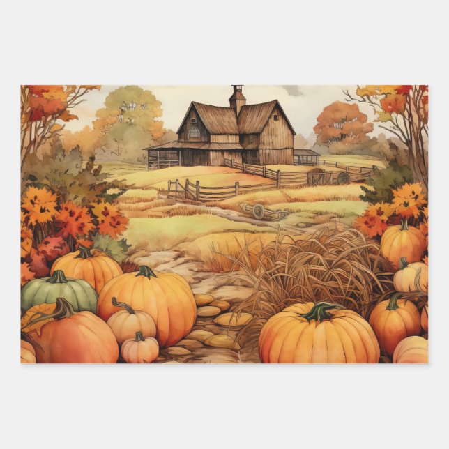 Feuille De Papier Cadeau Ferme citrouille automne récolte Thanksgiving (Devant)