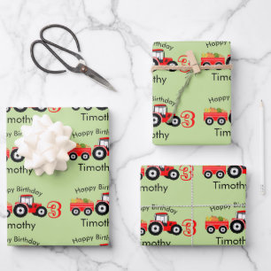 Feuille De Papier Cadeau Ferme de camions Red Tractor Nom et âge