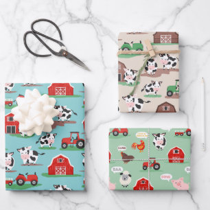 Feuille De Papier Cadeau Ferme de vache rustique Motifs d'anniversaire
