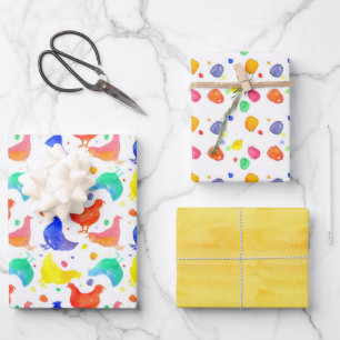 Feuille De Papier Cadeau Ferme de volailles colorée à rayures de poulets