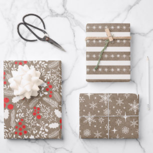 Feuille De Papier Cadeau Ferme Holly Berries Blanc Rustique Kraft
