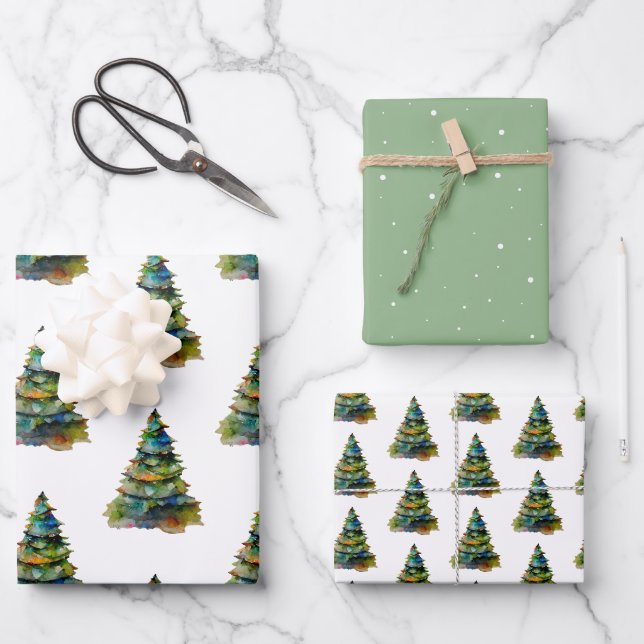 Feuille De Papier Cadeau Festif Aquarelle Noël Arbre de Noël (Recto)