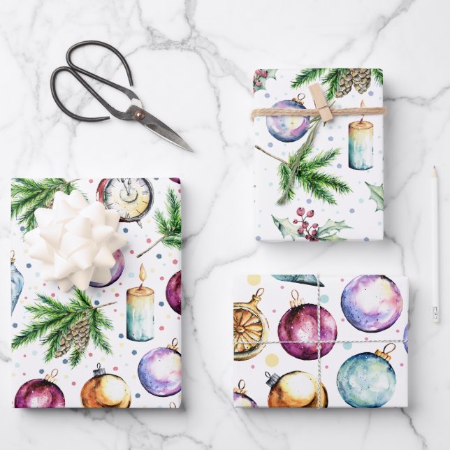 Feuille De Papier Cadeau Festif Bauble Aquarelle Noël (Recto)