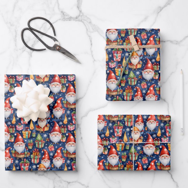 Feuille De Papier Cadeau Festif carrelé gnome de Noël (Recto)