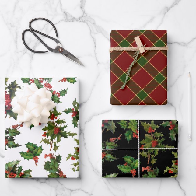 Feuille De Papier Cadeau Festif Colorful Christmas Holly et Plaid (Recto)