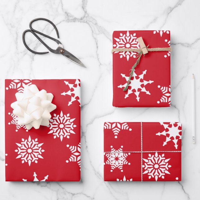 Feuille De Papier Cadeau Festif de Noël Rouge & Blanc Snowflakes Étoiles (Recto)