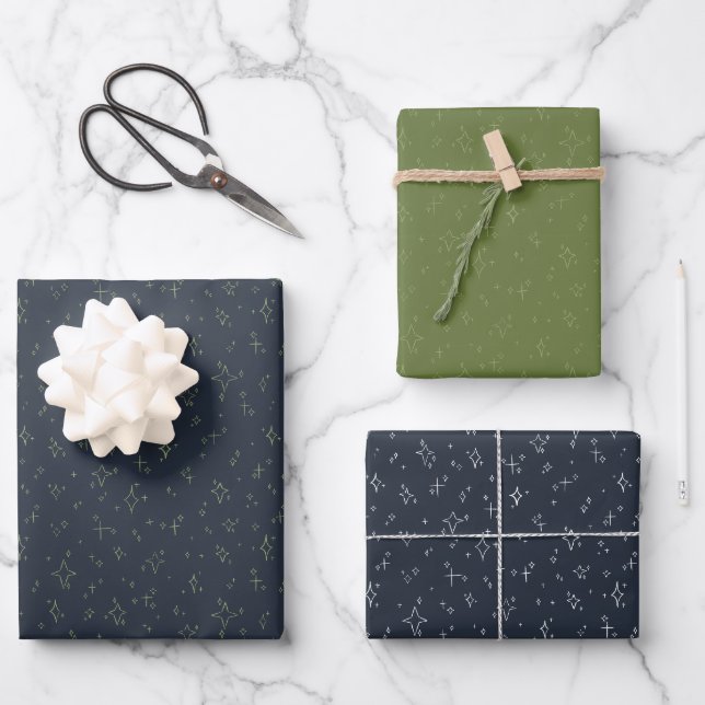 Feuille De Papier Cadeau festif étoilé bleu marine et vert (Recto)