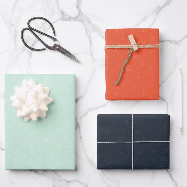 Feuille De Papier Cadeau festif étoilé rouge, bleu pastel, marine (Recto)