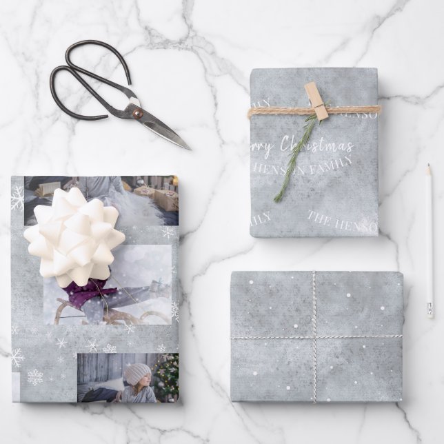 Feuille De Papier Cadeau Festif Grey Photo Snowflake Script de Noël (Recto)