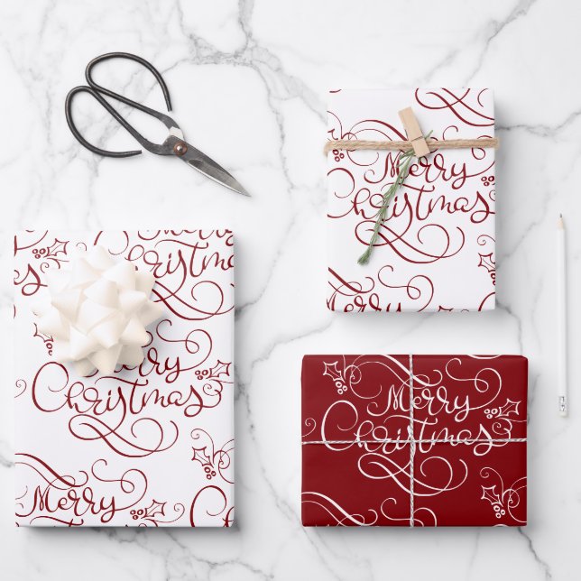 Feuille De Papier Cadeau Festif Joyeux Noël Fancy Script rouge (Recto)